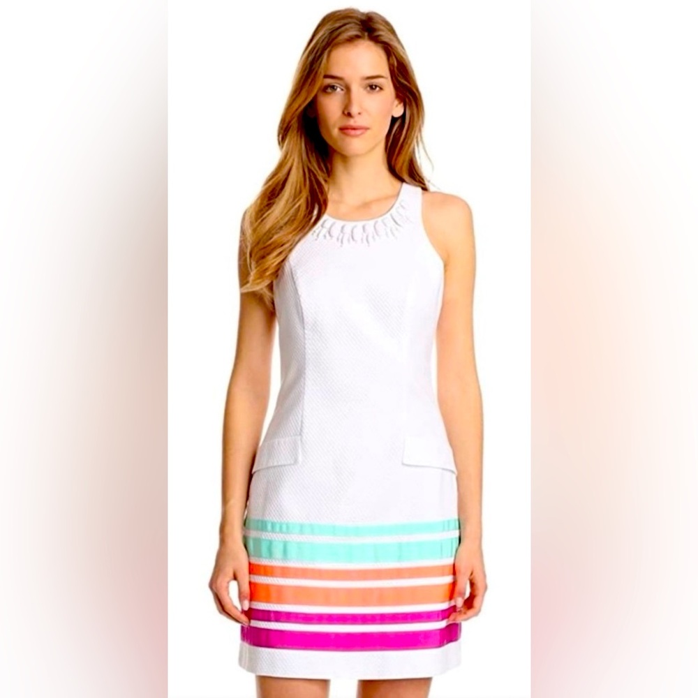 Lilly Pulitzer White Jeweled Shift Dress Size 6 Colorblock Hem Cotton
